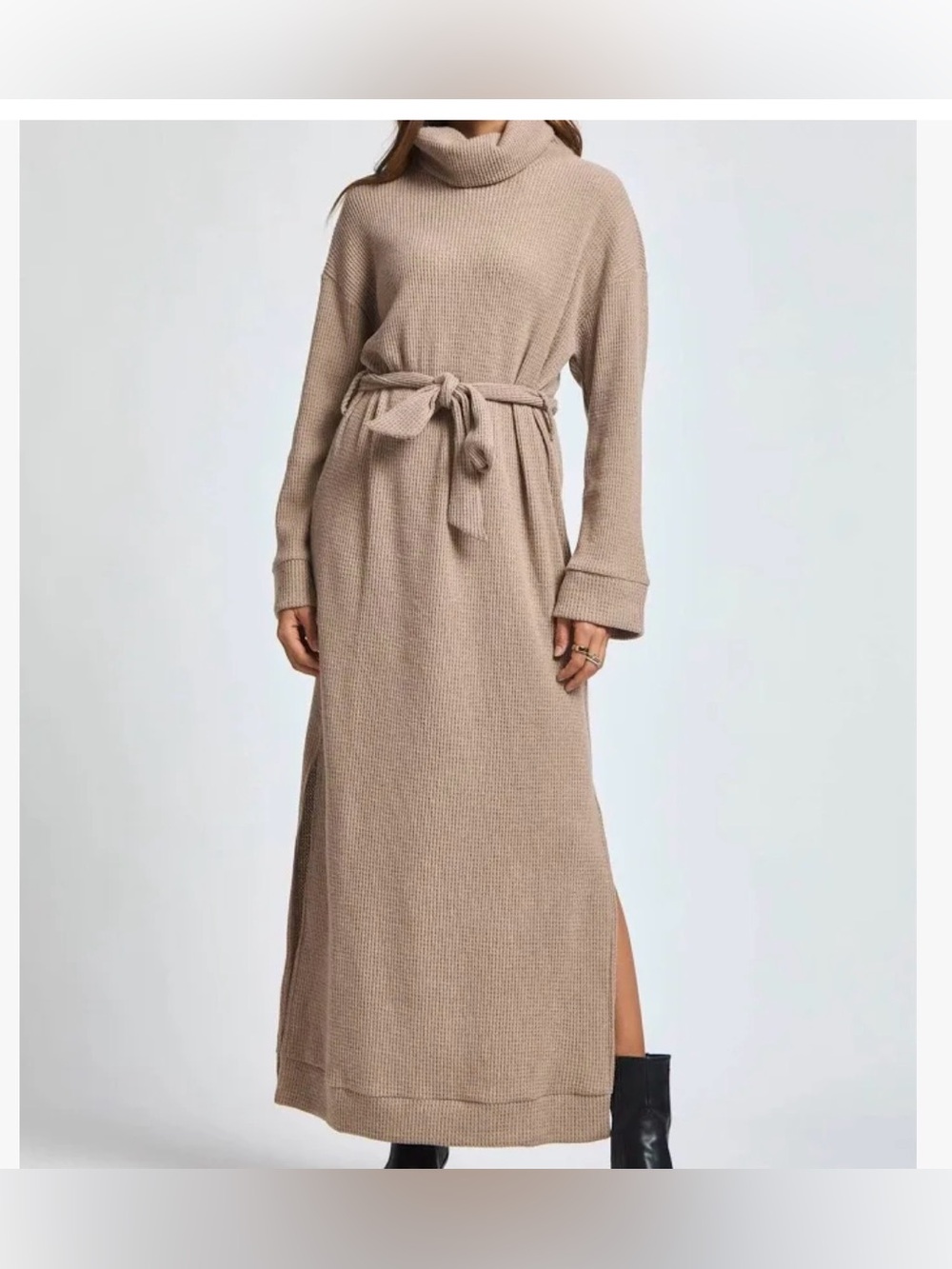 Dear Scarlett Cowl neck Waffle Knit Belted Maxi Dress in Mocha Sz M